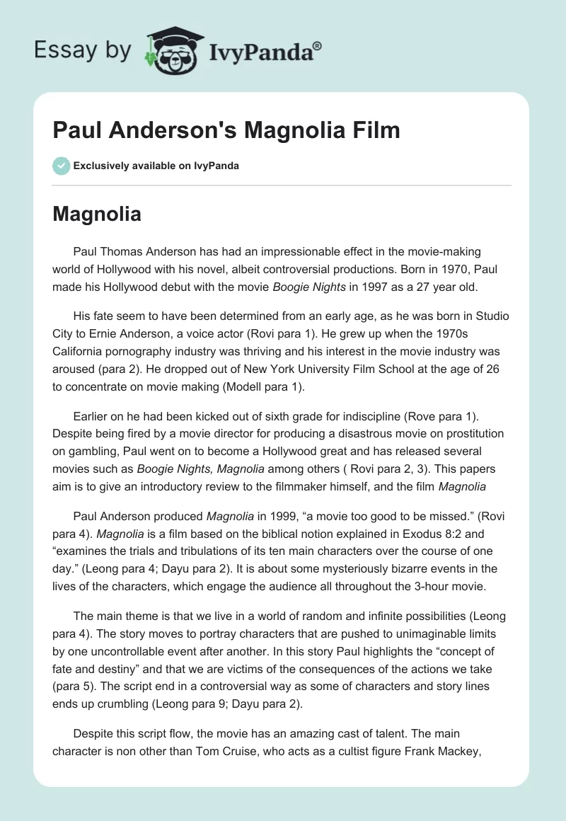 Paul Anderson's "Magnolia" Film. Page 1