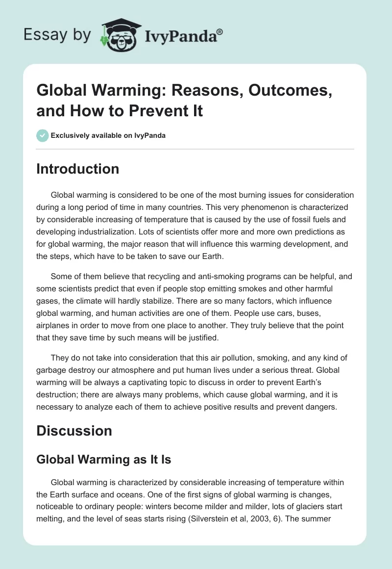 Global Warming: Reasons, Outcomes, and How to Prevent It. Page 1