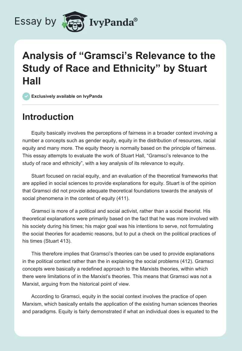 Analysis of “Gramsci’s Relevance to the Study of Race and Ethnicity” by Stuart Hall. Page 1