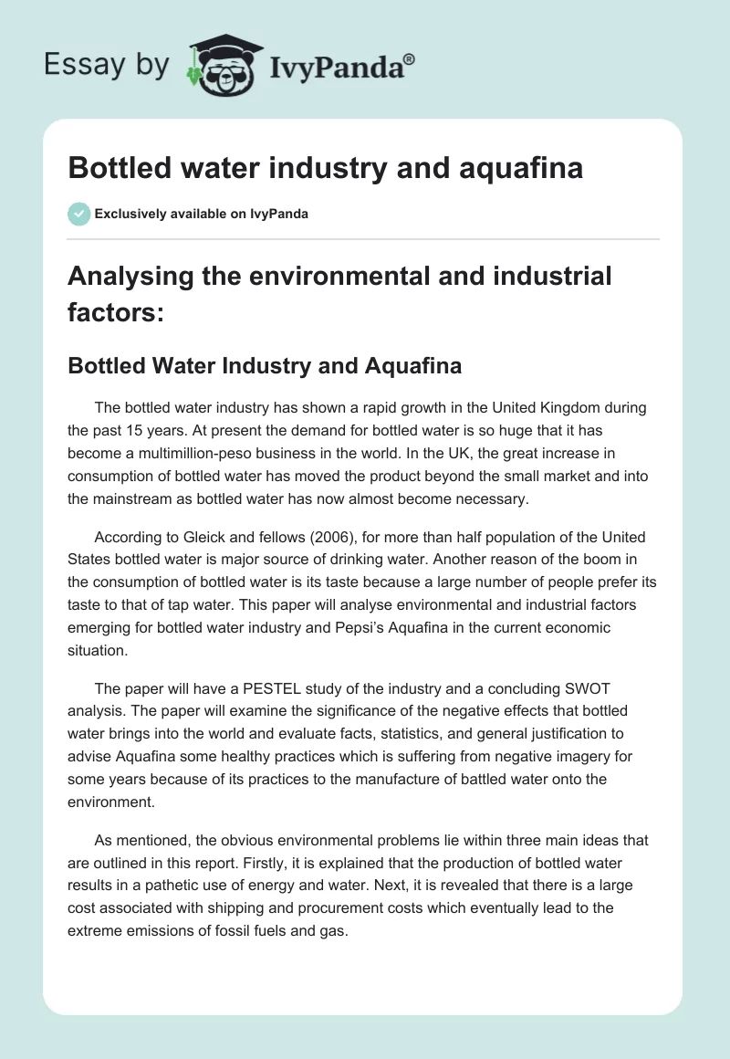 Bottled Water Industry and Aquafina. Page 1