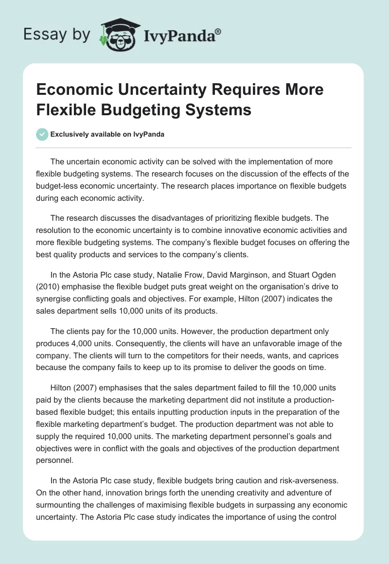 Economic Uncertainty Requires More Flexible Budgeting Systems. Page 1