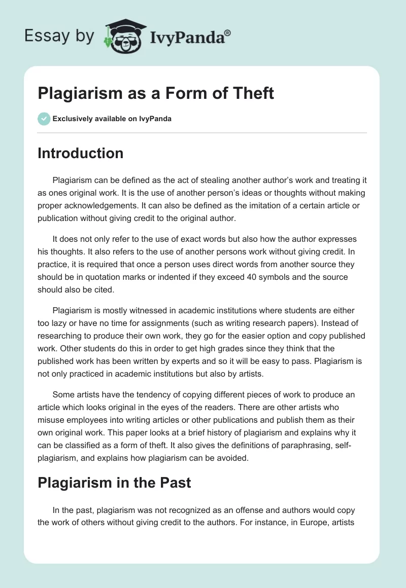 Plagiarism as a Form of Theft. Page 1