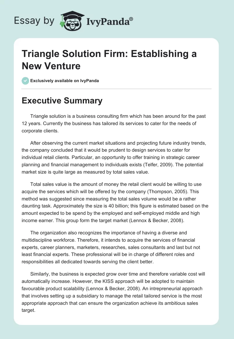 Triangle Solution Firm: Establishing a New Venture. Page 1
