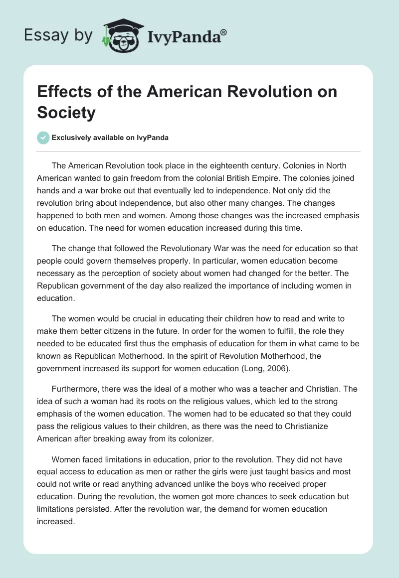 Effects of the American Revolution on Society. Page 1