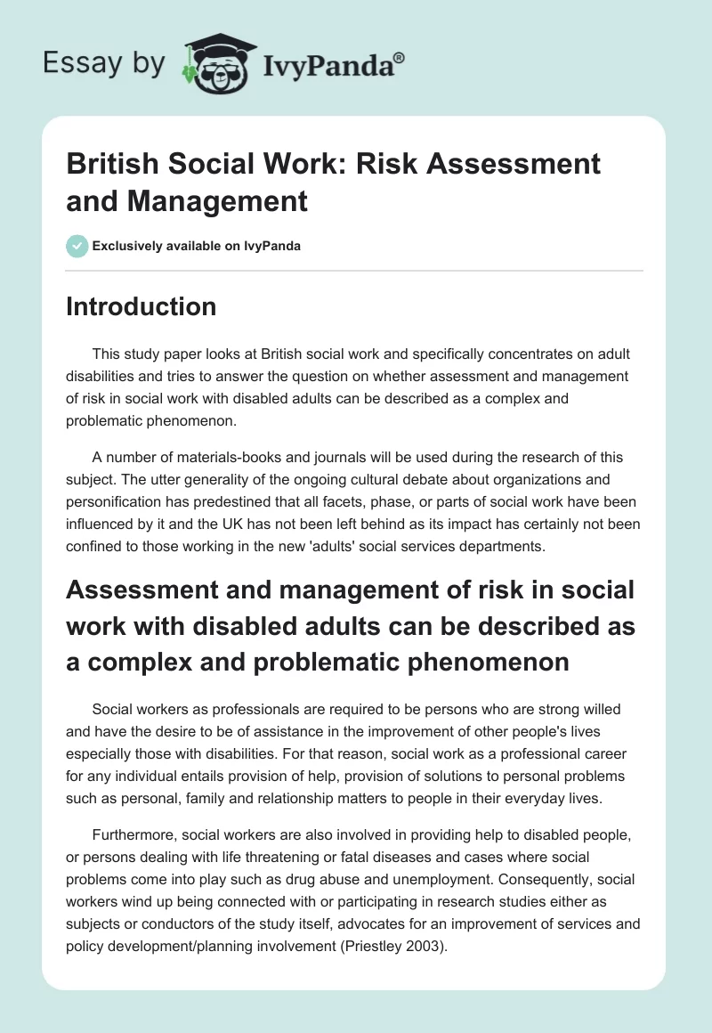 British Social Work: Risk Assessment and Management. Page 1
