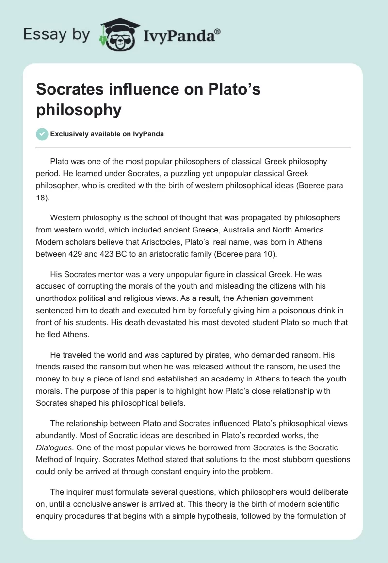 Socrates Influence on Plato’s Philosophy. Page 1