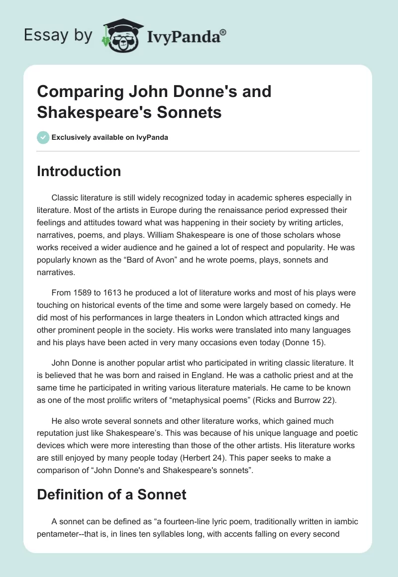 Comparing John Donne's and Shakespeare's Sonnets. Page 1