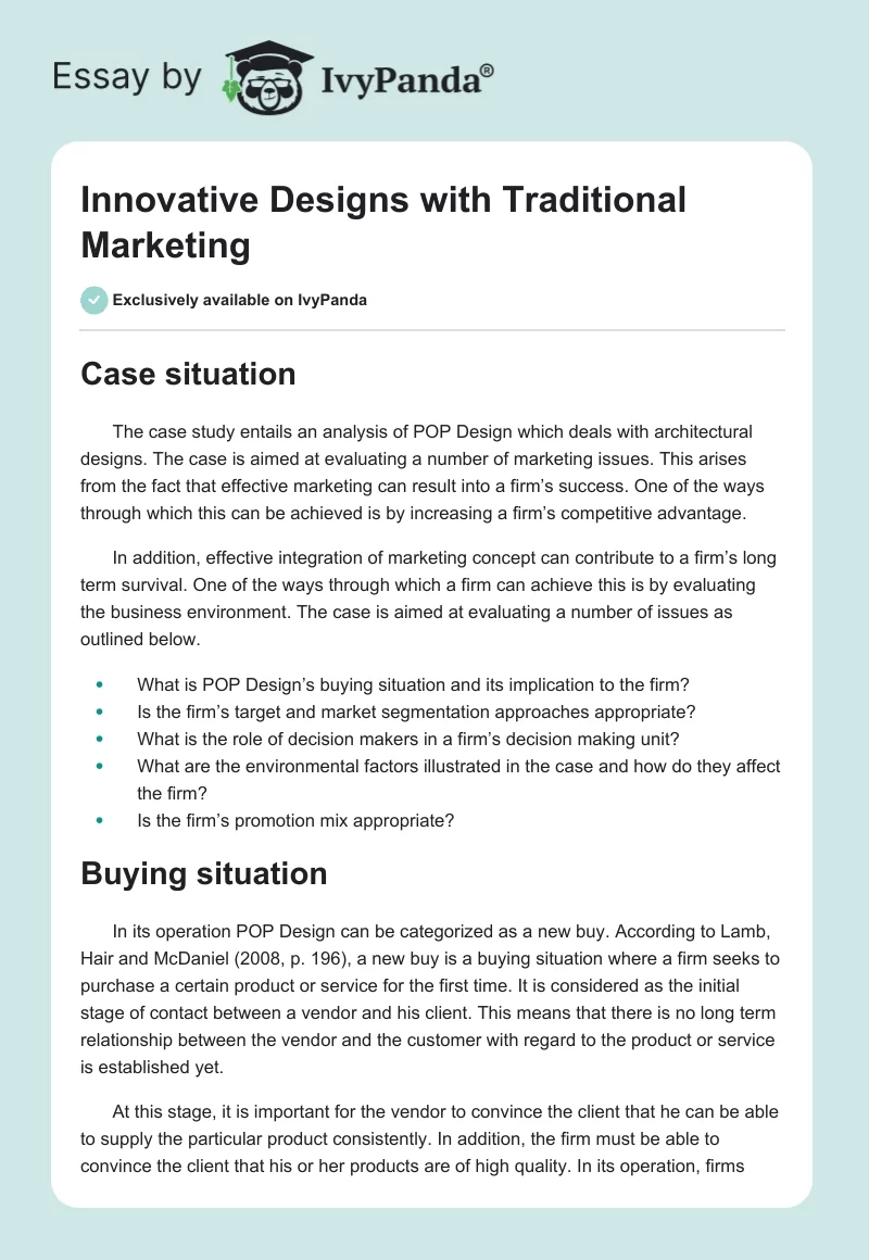 Innovative Designs with Traditional Marketing. Page 1