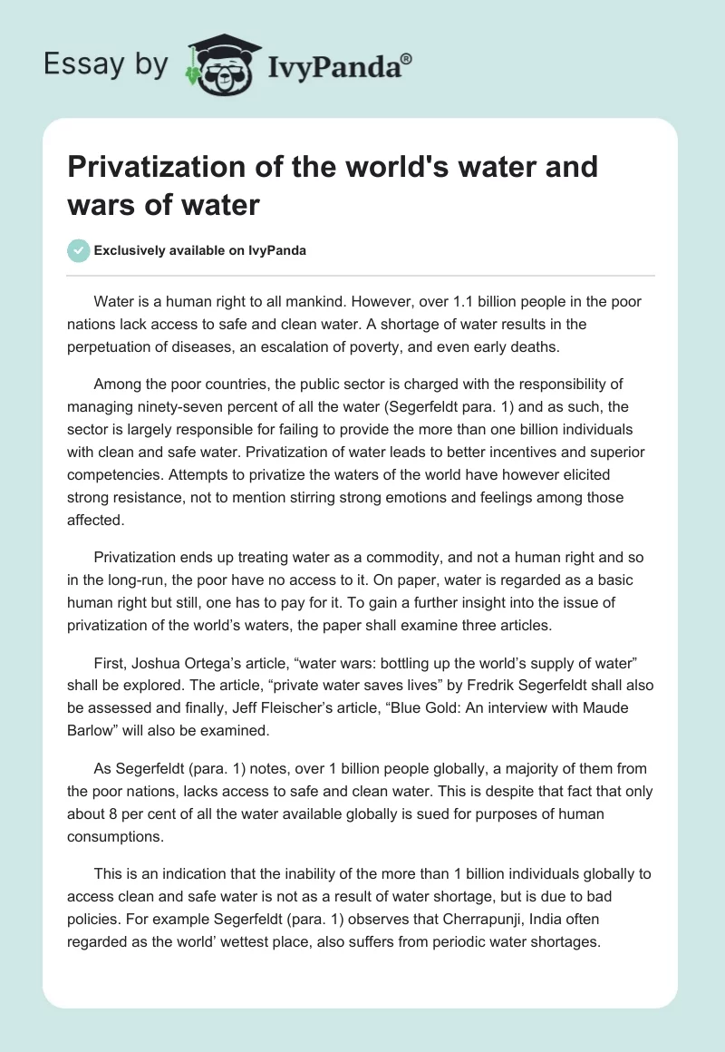 Privatization of the World’s Water and Wars of Water. Page 1