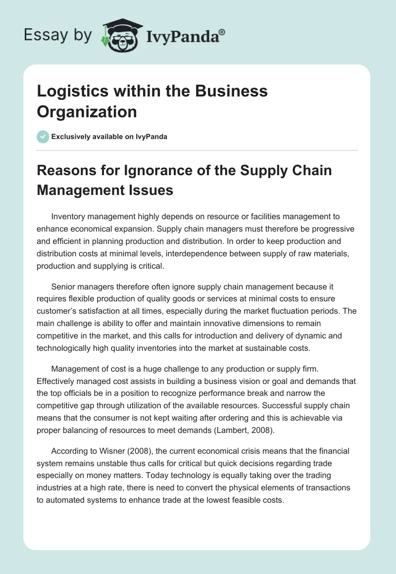 Logistics within the Business Organization. Page 1