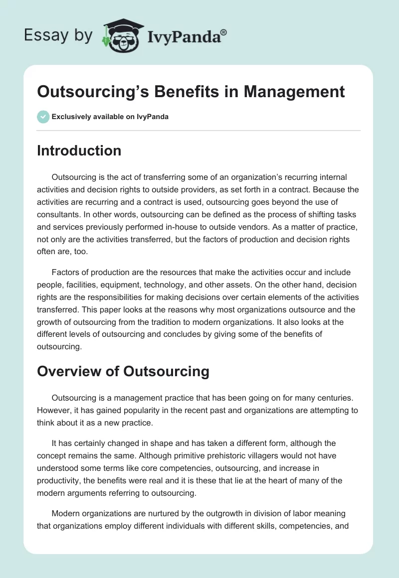 Outsourcing’s Benefits in Management. Page 1