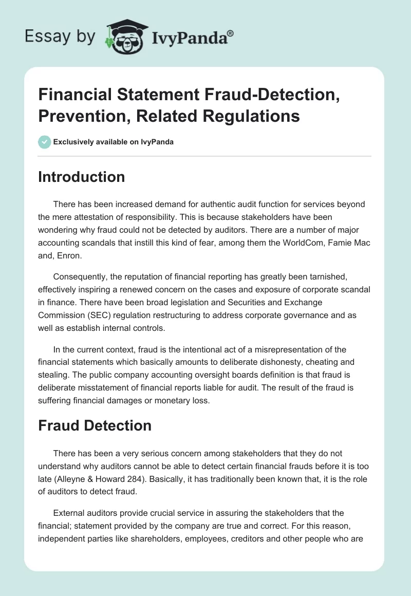 Financial Statement Fraud-Detection, Prevention, Related Regulations. Page 1