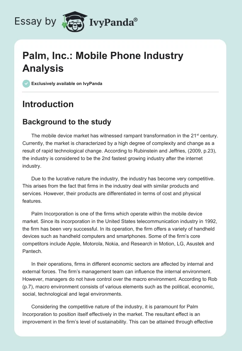 Palm, Inc.: Mobile Phone Industry Analysis. Page 1