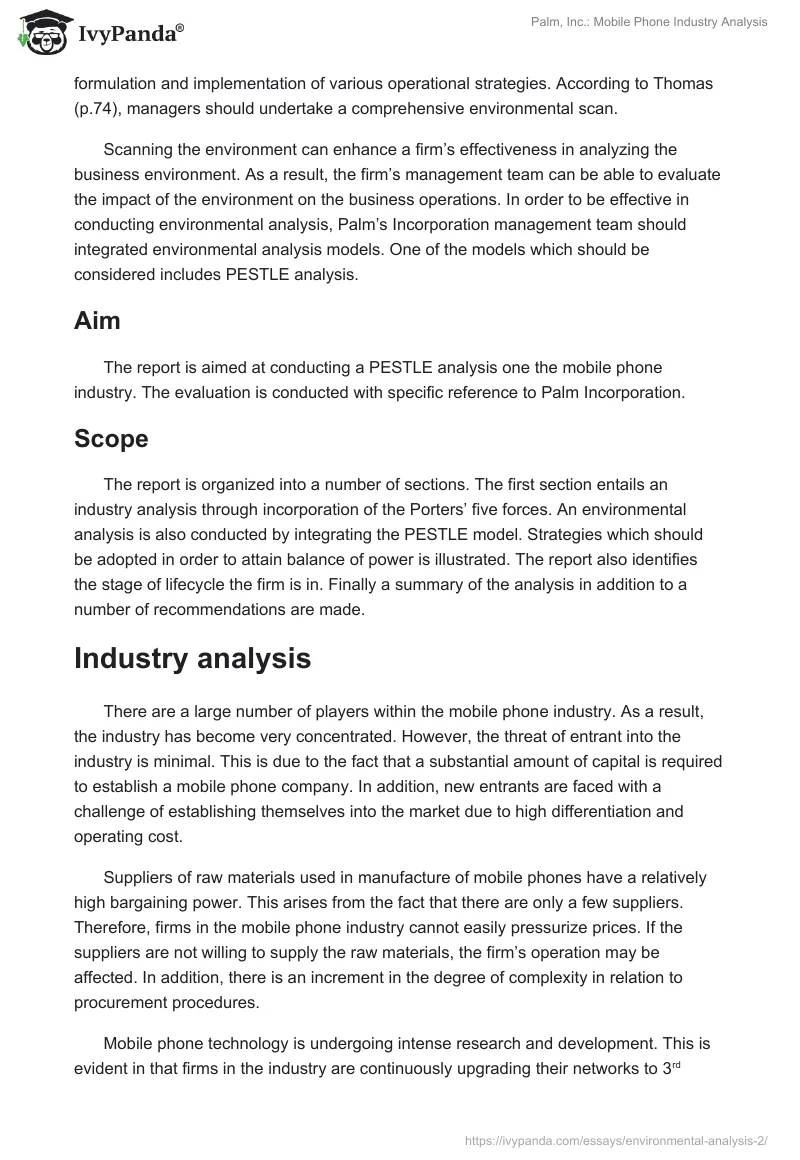 Palm, Inc.: Mobile Phone Industry Analysis. Page 2