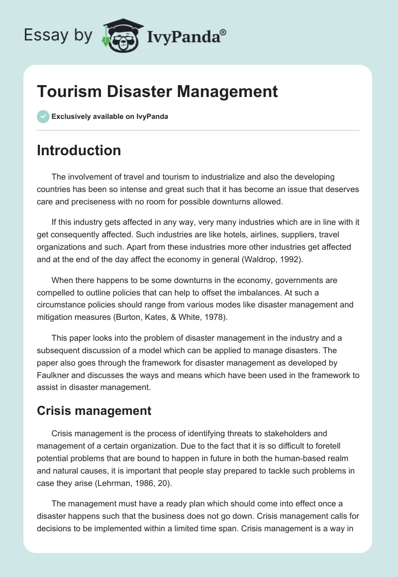 Tourism Disaster Management. Page 1