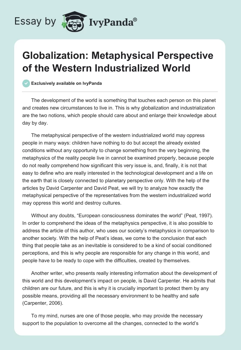 Globalization: Metaphysical Perspective of the Western Industrialized World. Page 1