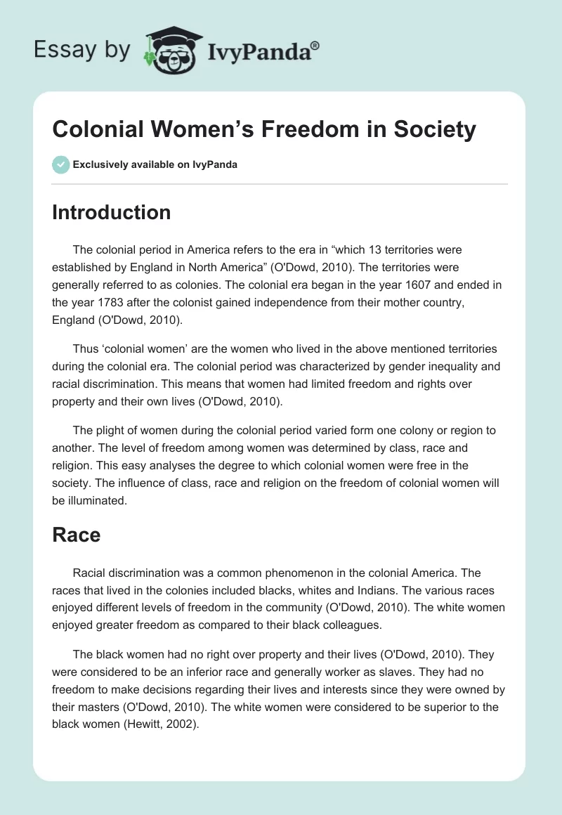 Colonial Women’s Freedom in Society. Page 1