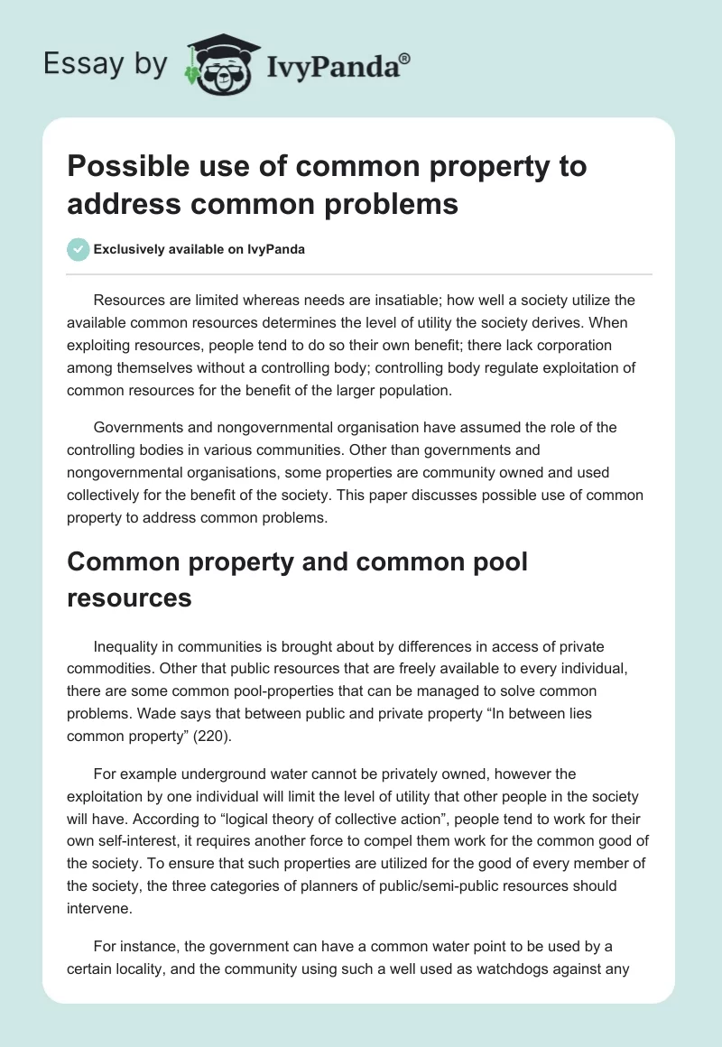Possible use of common property to address common problems. Page 1
