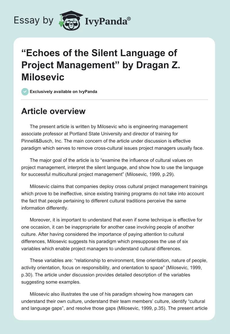 “Echoes of the Silent Language of Project Management” by Dragan Z. Milosevic. Page 1