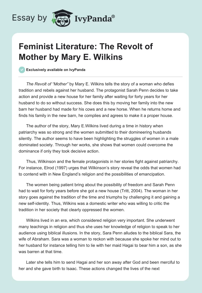 Feminist Literature: "The Revolt of Mother" by Mary E. Wilkins. Page 1