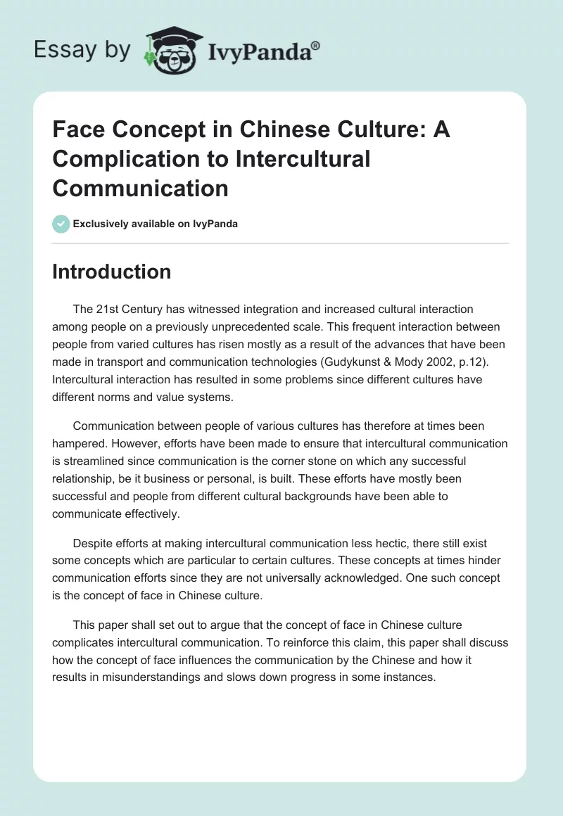Face Concept in Chinese Culture: A Complication to Intercultural Communication. Page 1