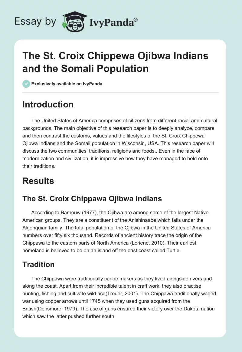 The St. Croix Chippewa Ojibwa Indians and the Somali Population. Page 1