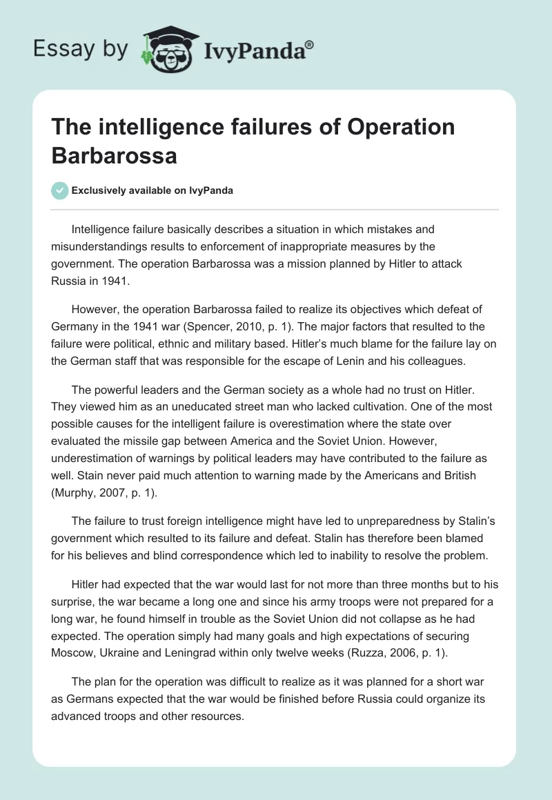 The Intelligence Failures of Operation Barbarossa. Page 1