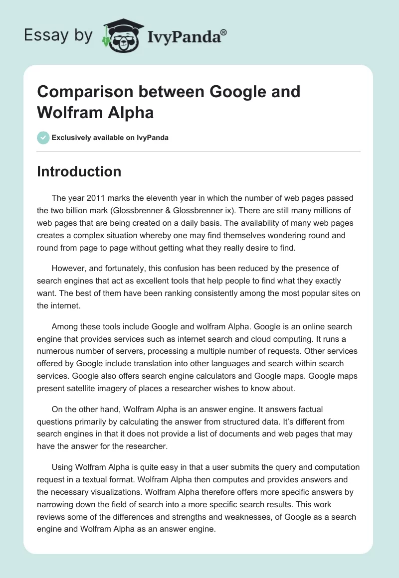 Comparison between Google and Wolfram Alpha. Page 1