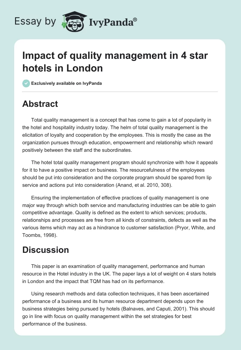 Impact of quality management in 4 star hotels in London. Page 1