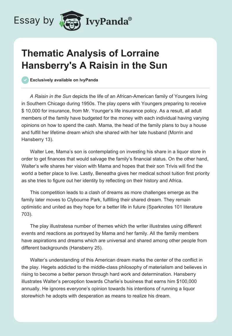 Thematic Analysis of Lorraine Hansberry's "A Raisin in the Sun". Page 1