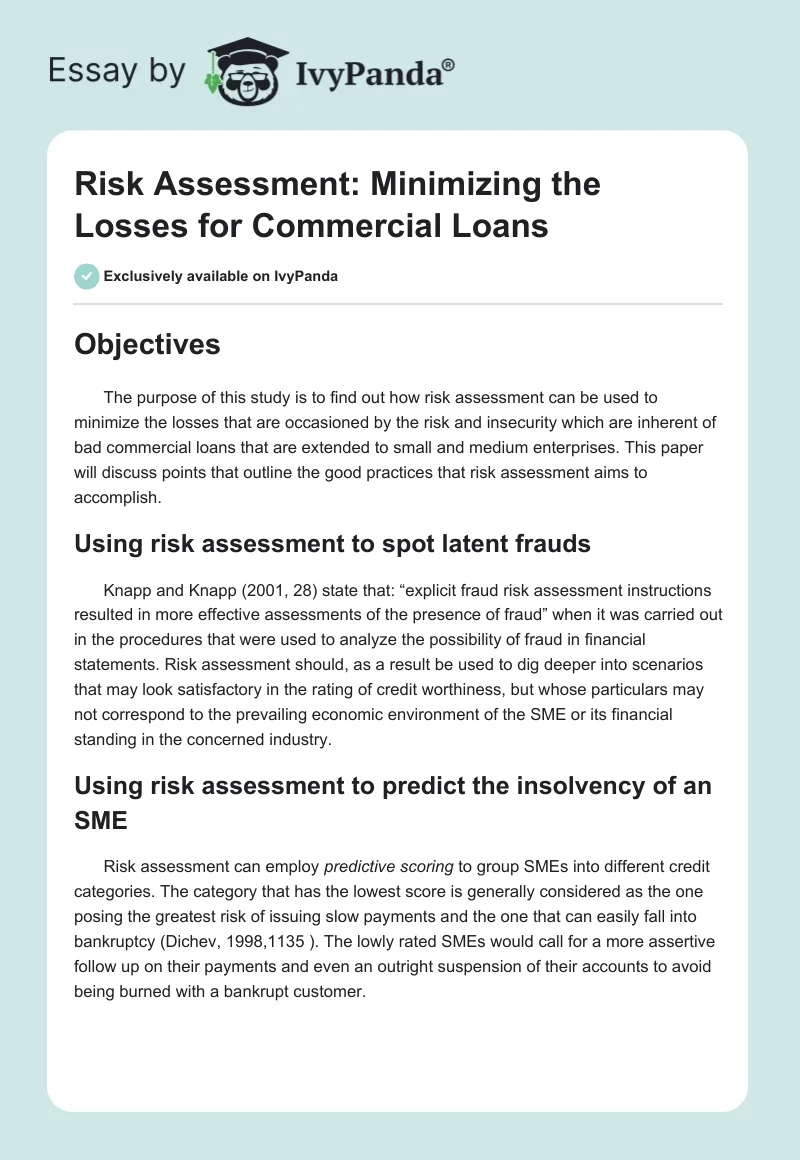 Risk Assessment: Minimizing the Losses for Commercial Loans. Page 1