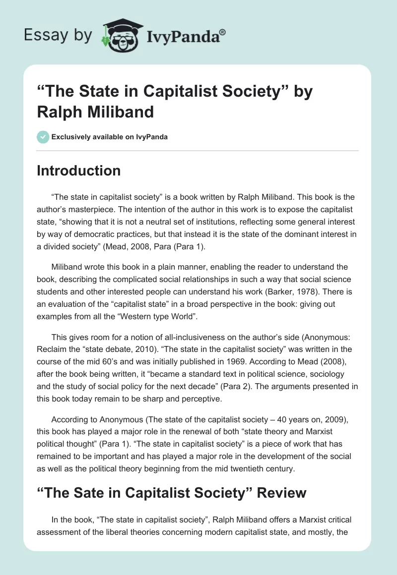 “The State in Capitalist Society” by Ralph Miliband. Page 1