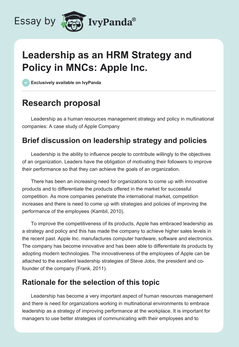 Leadership as an HRM Strategy and Policy in MNCs: Apple Inc.. Page 1