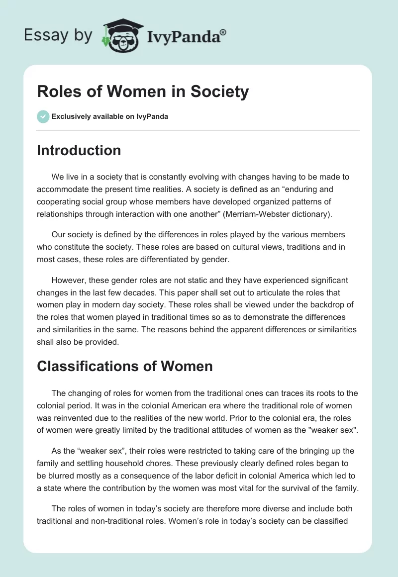 Roles of Women in Society. Page 1