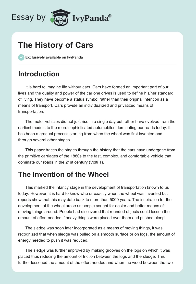 The History of Cars. Page 1