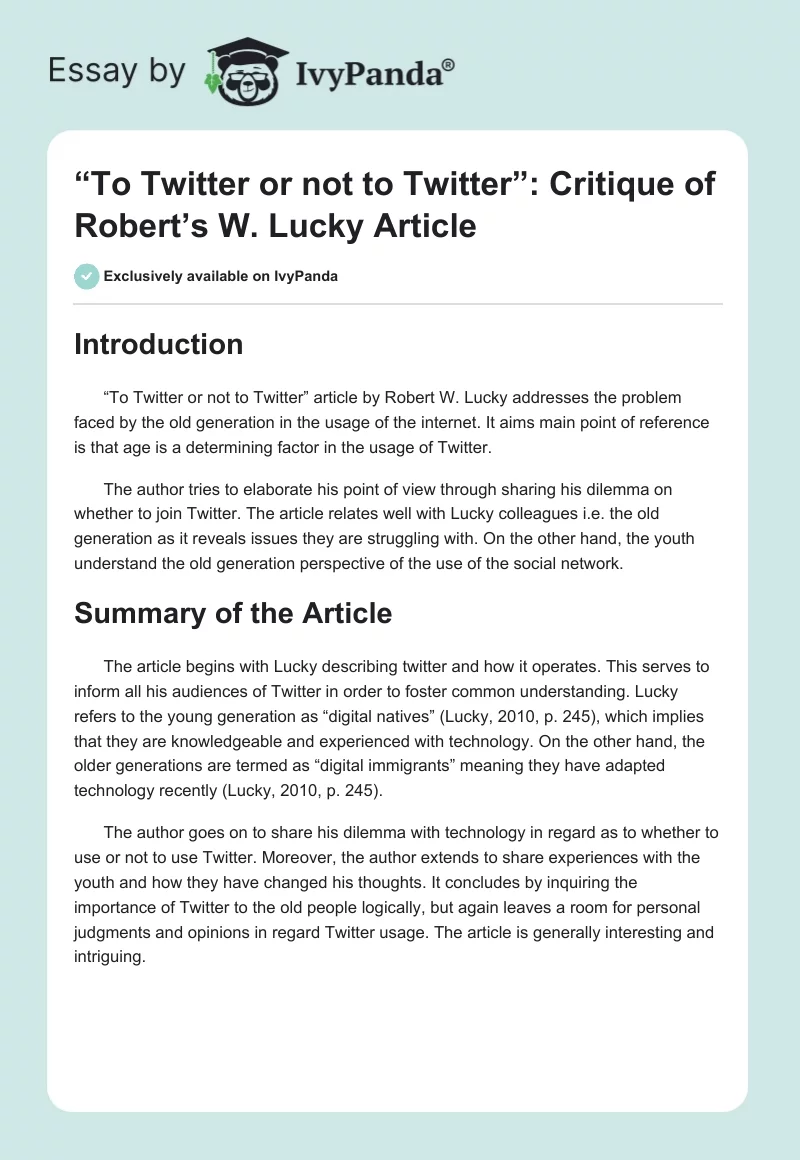 “To Twitter or Not to Twitter”: Critique of Robert’s W. Lucky Article. Page 1