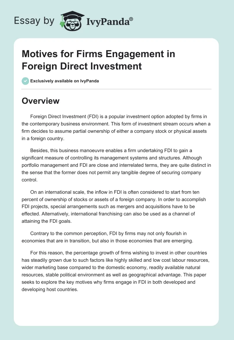 Motives for Firms Engagement in Foreign Direct Investment. Page 1