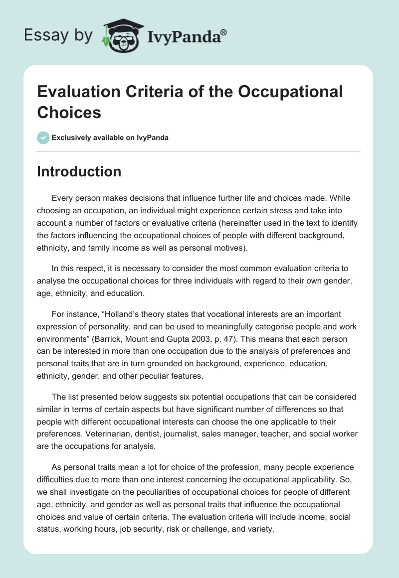 Evaluation Criteria of the Occupational Choices. Page 1