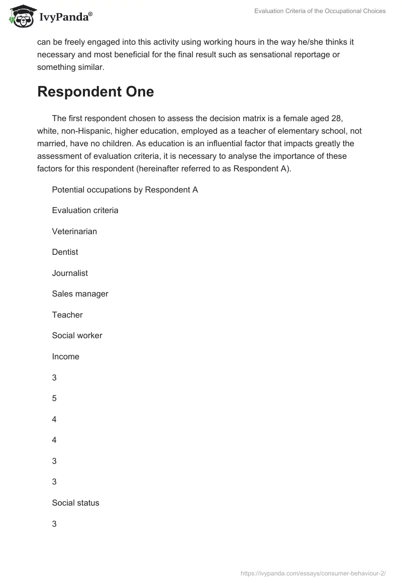 Evaluation Criteria of the Occupational Choices. Page 3