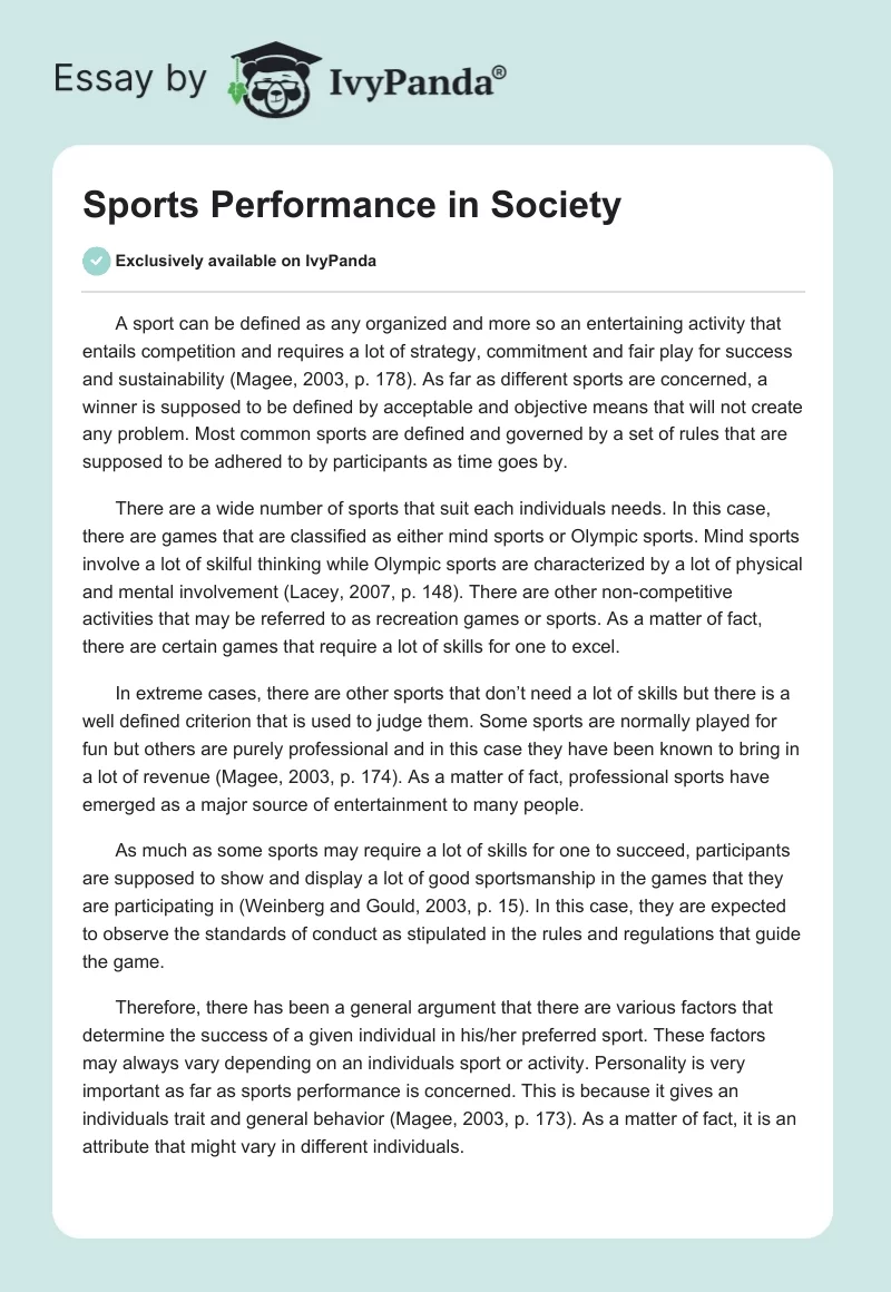 Sports Performance in Society. Page 1