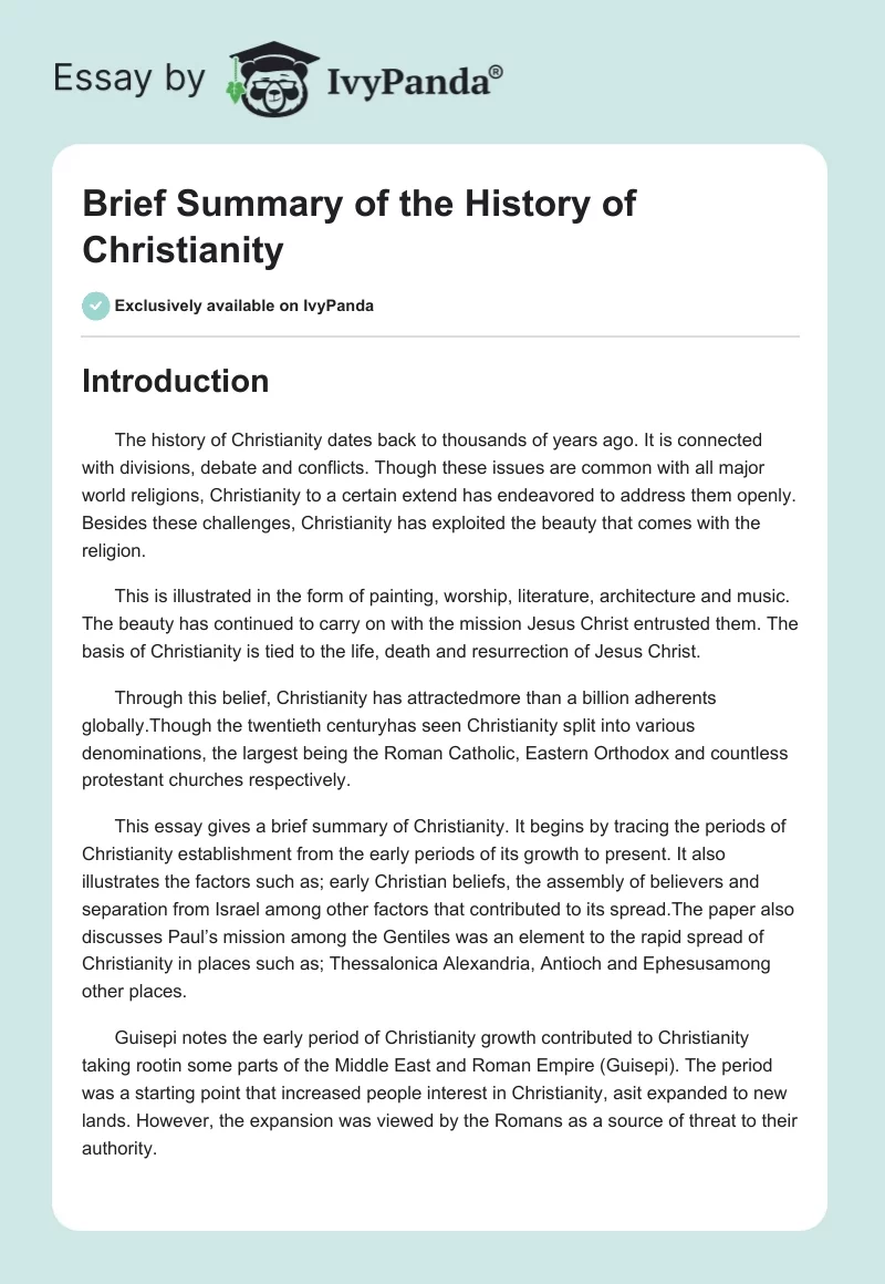 Brief Summary of the History of Christianity. Page 1