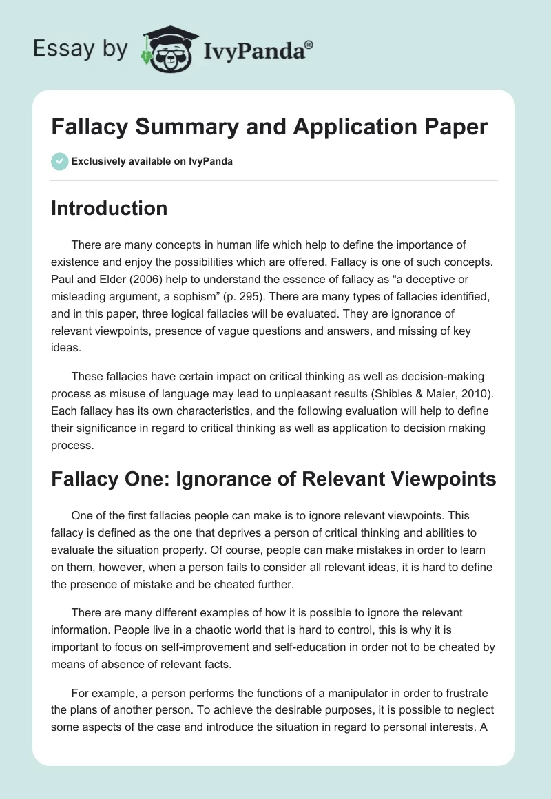 Fallacy Summary and Application Paper. Page 1