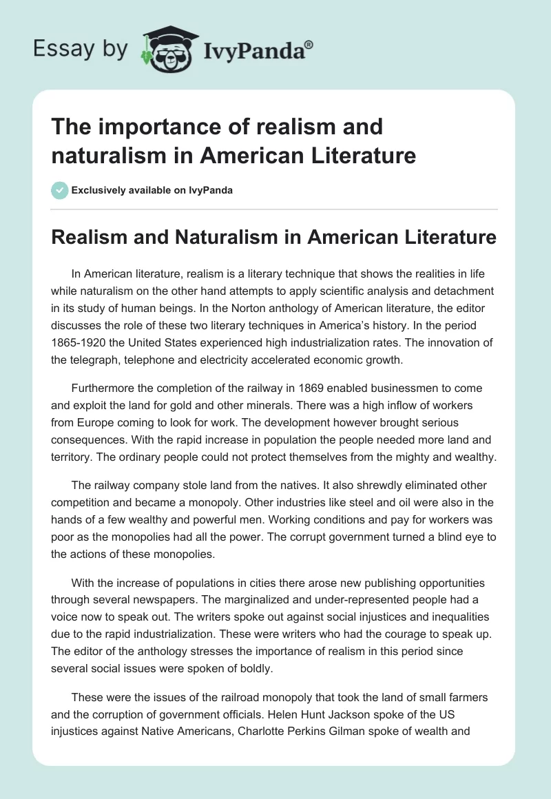 The importance of realism and naturalism in American Literature. Page 1