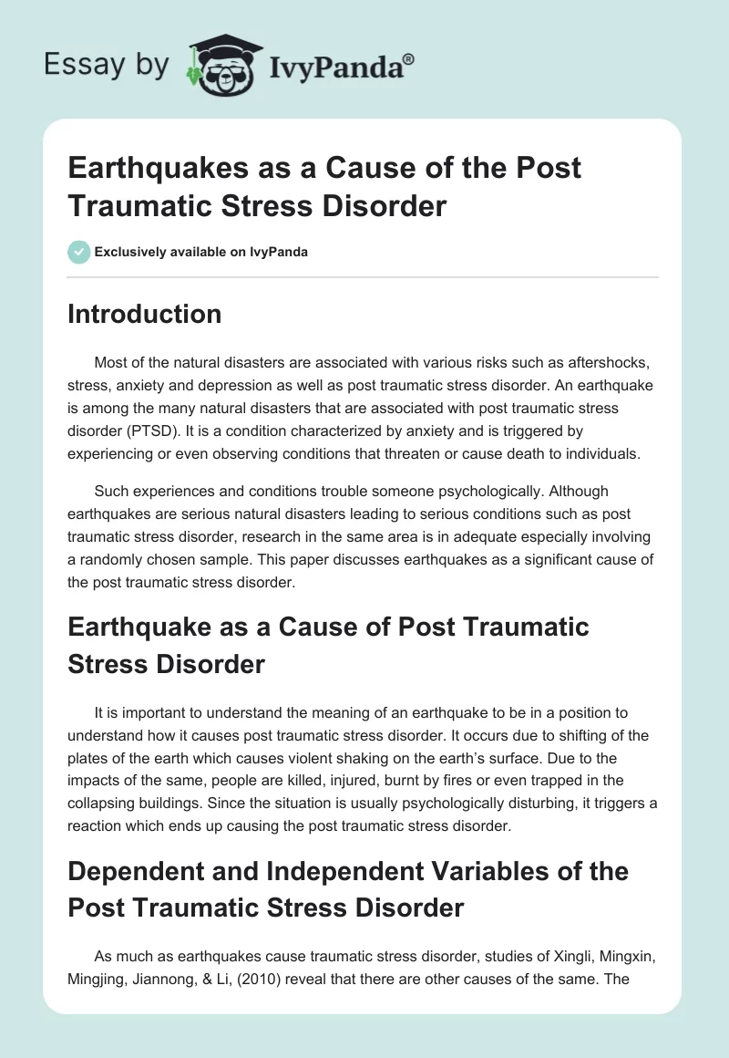 Earthquakes as a Cause of the Post Traumatic Stress Disorder. Page 1