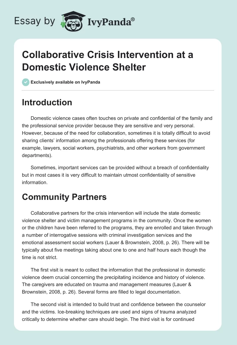 Collaborative Crisis Intervention at a Domestic Violence Shelter. Page 1