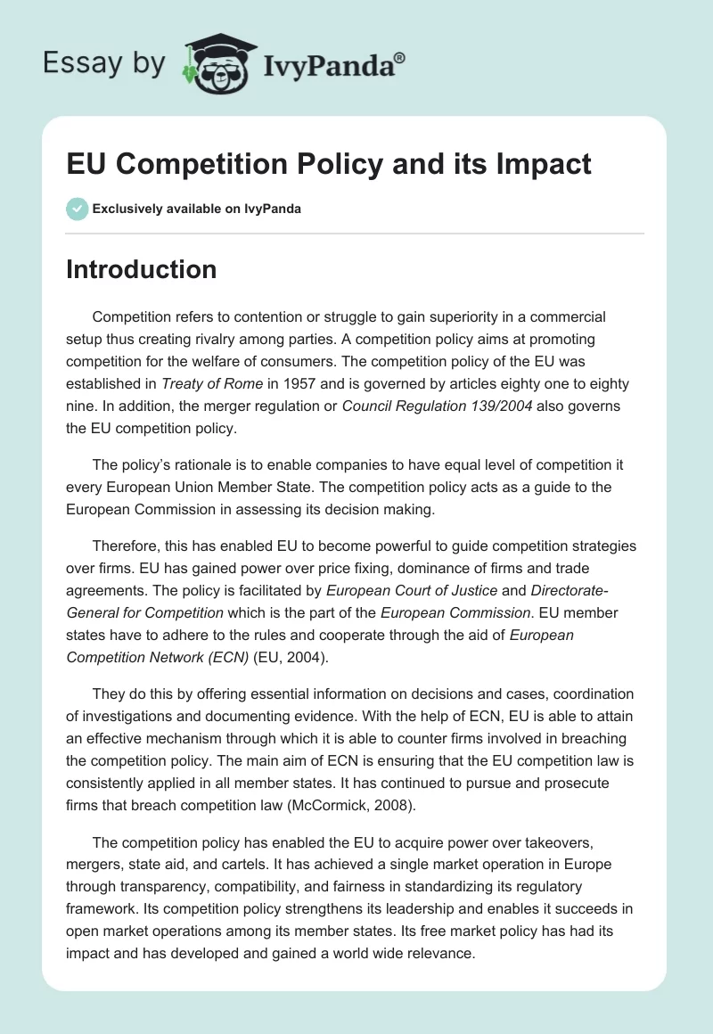 EU Competition Policy and Its Impact. Page 1