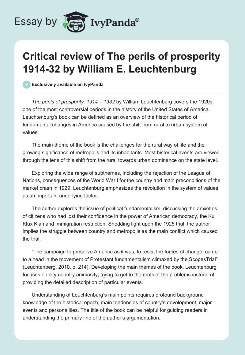 Critical review of The perils of prosperity 1914-32 by William E. Leuchtenburg. Page 1