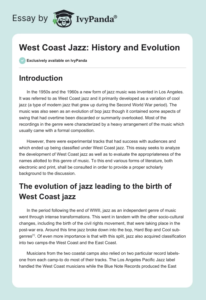 West Coast Jazz: History and Evolution. Page 1