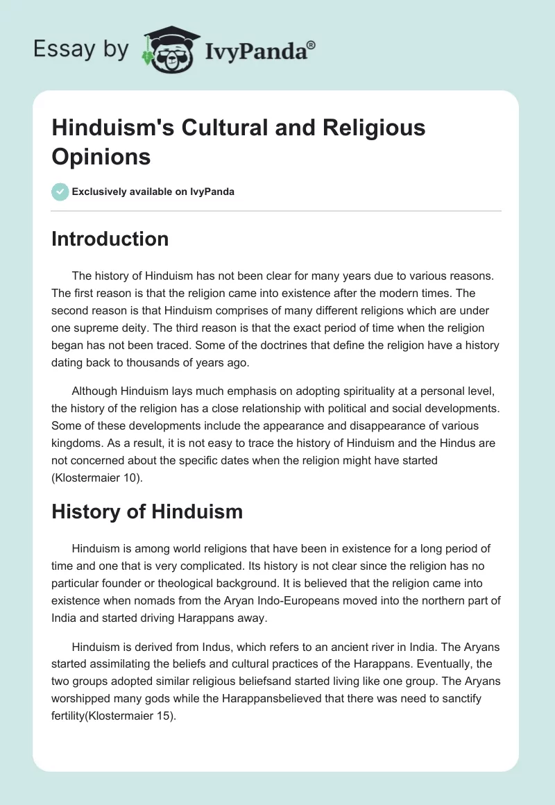 Hinduism's Cultural and Religious Opinions. Page 1
