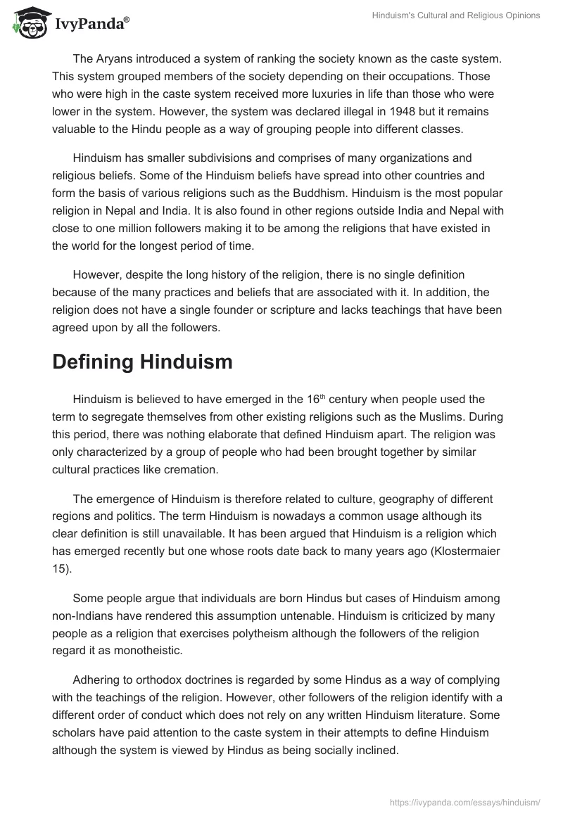 Hinduism's Cultural and Religious Opinions. Page 2